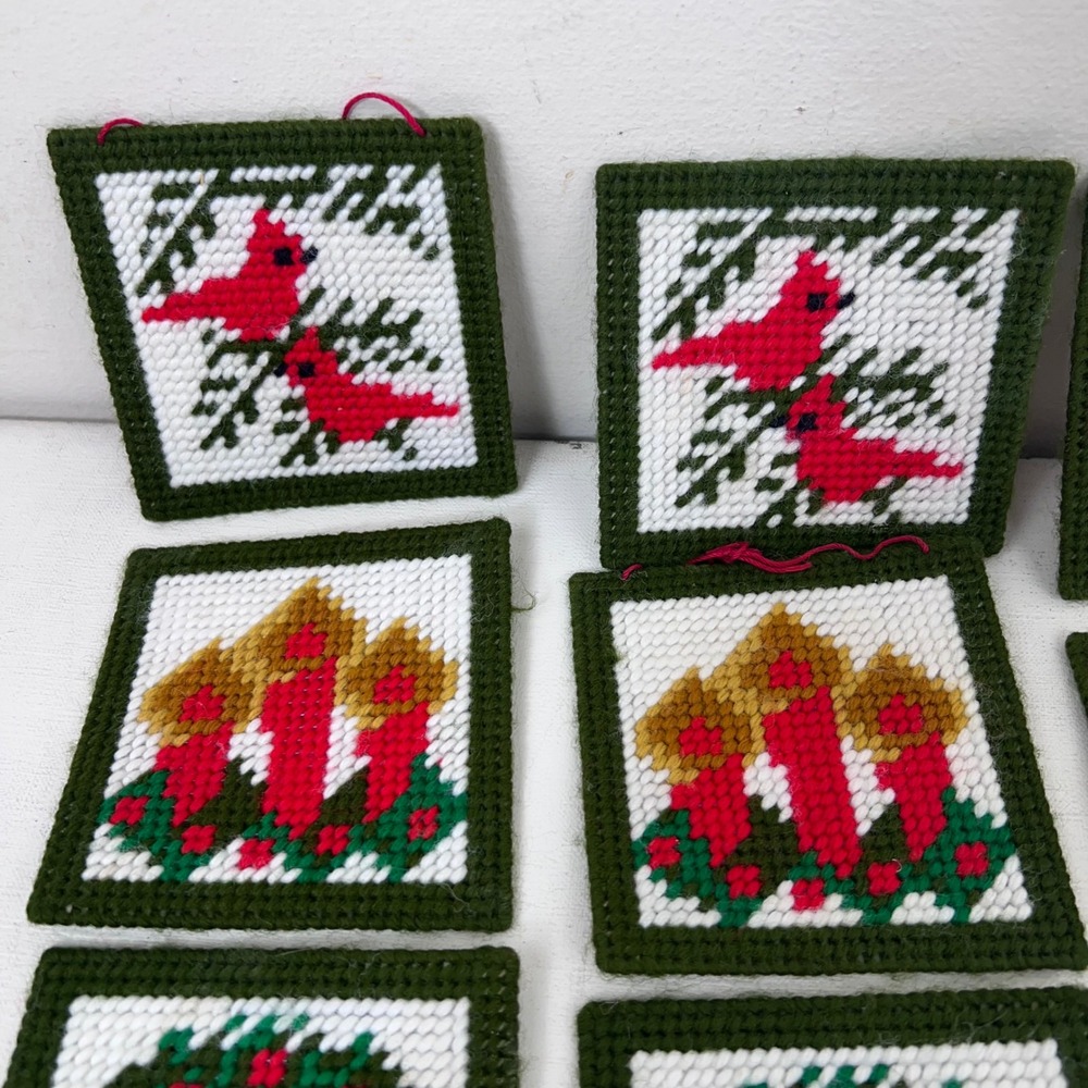 8 Handmade Christmas Needlepoint Coasters Cardinals Poinsettias Wreaths Candles - Picture 3 of 5